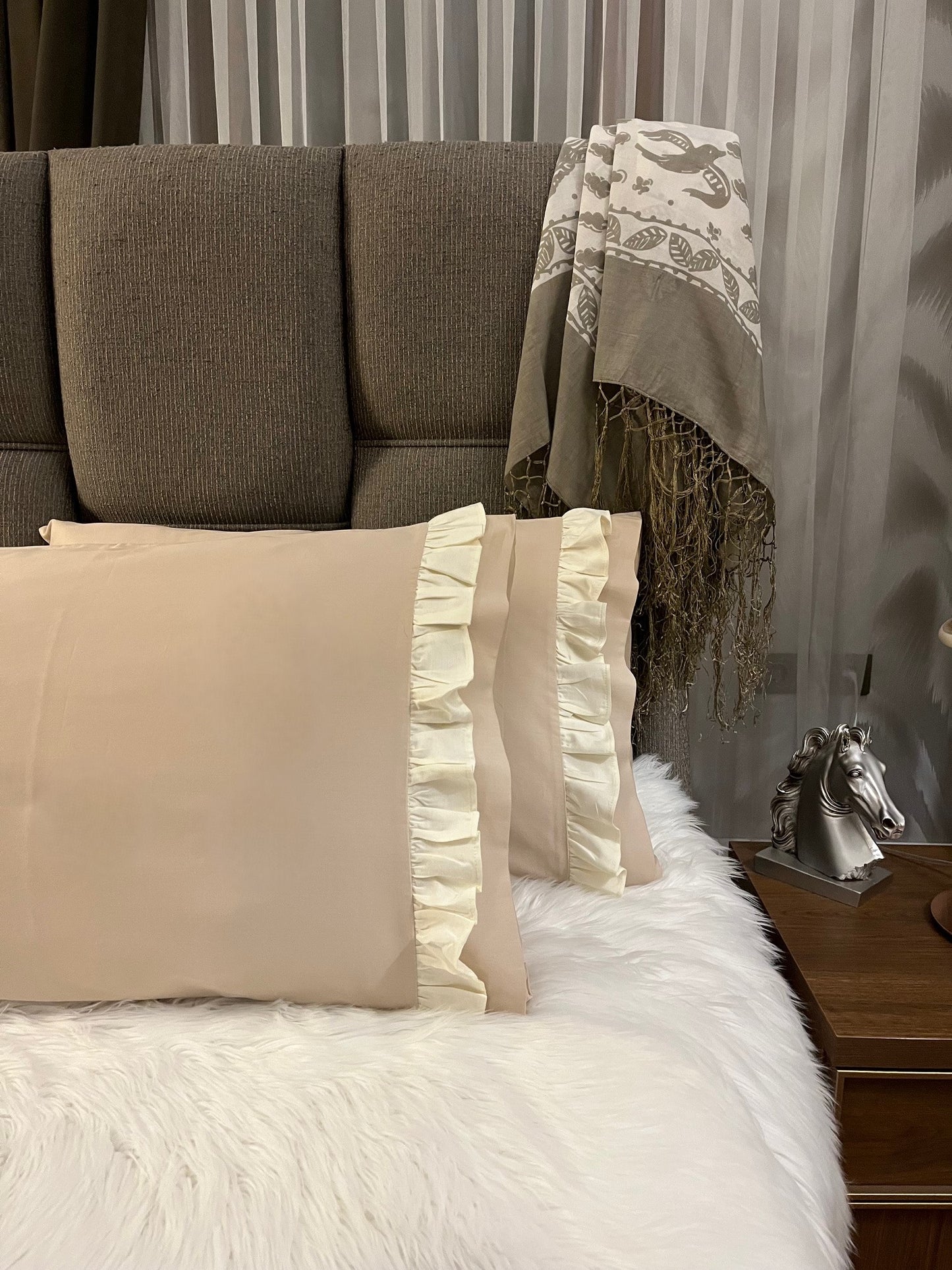 CUTIE %100 Pamuk Saten İkili Yastık Kılıfı Standart Model Bej - Krem Fırfırlı