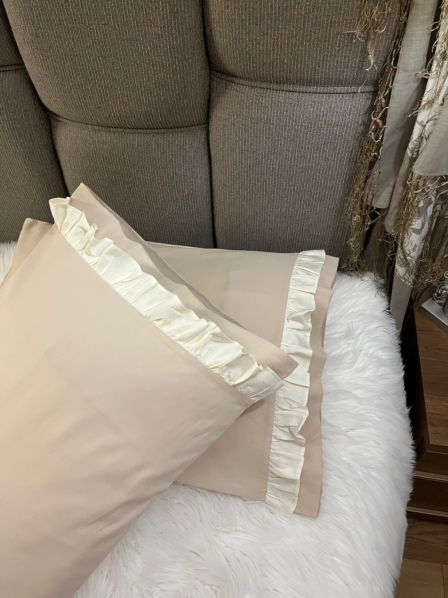 CUTIE %100 Pamuk Saten İkili Yastık Kılıfı Standart Model Bej - Krem Fırfırlı