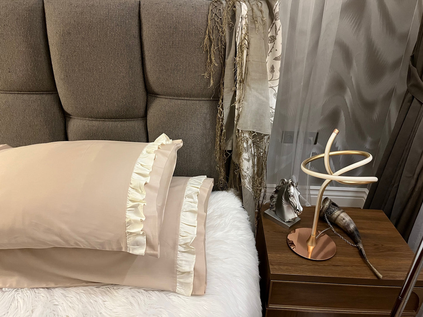 CUTIE %100 Pamuk Saten İkili Yastık Kılıfı Standart Model Bej - Krem Fırfırlı