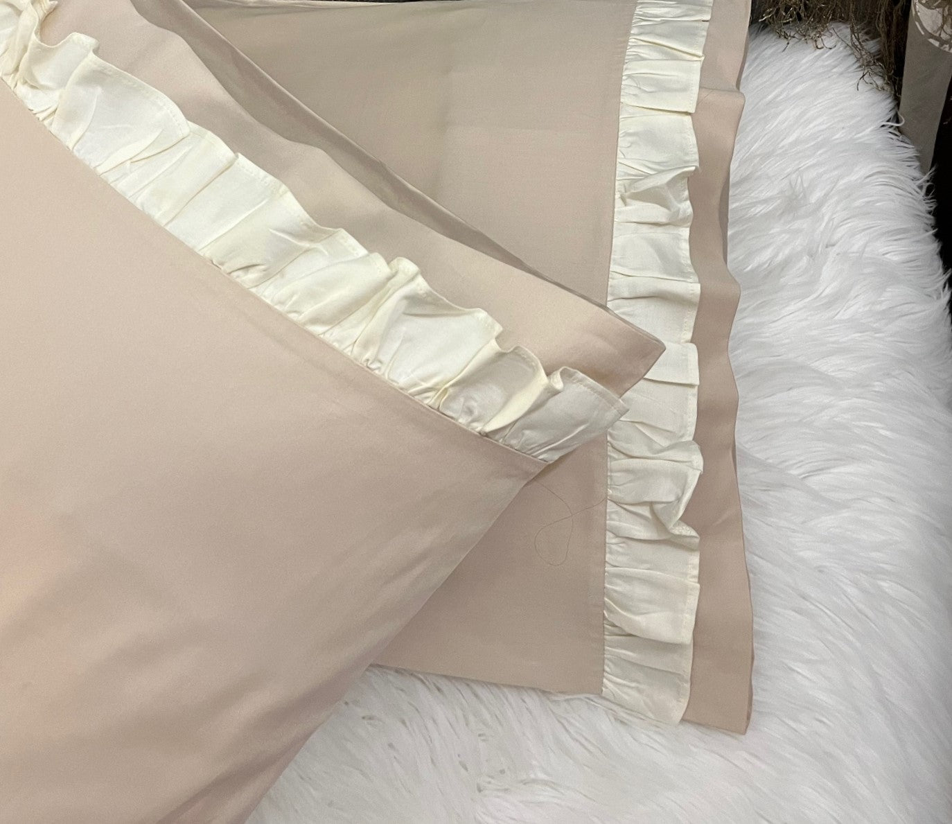 CUTIE %100 Pamuk Saten İkili Yastık Kılıfı Standart Model Bej - Krem Fırfırlı