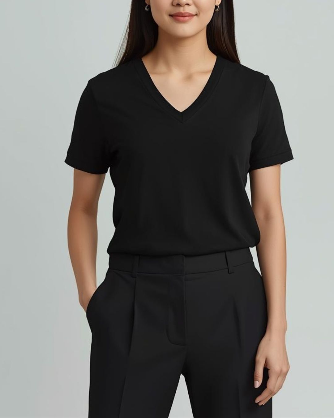 %100 Pamuk V Yaka Kadın Basic Tişört -  Siyah