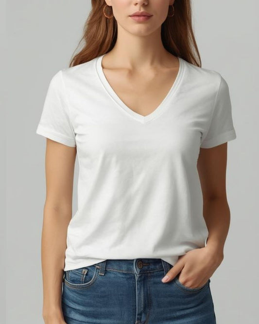 %100 Pamuk V Yaka Kadın Basic Tişört - Beyaz
