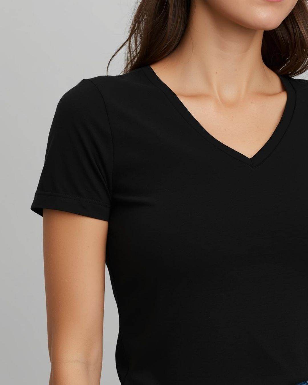 %100 Pamuk V Yaka Kadın Basic Tişört -  Siyah