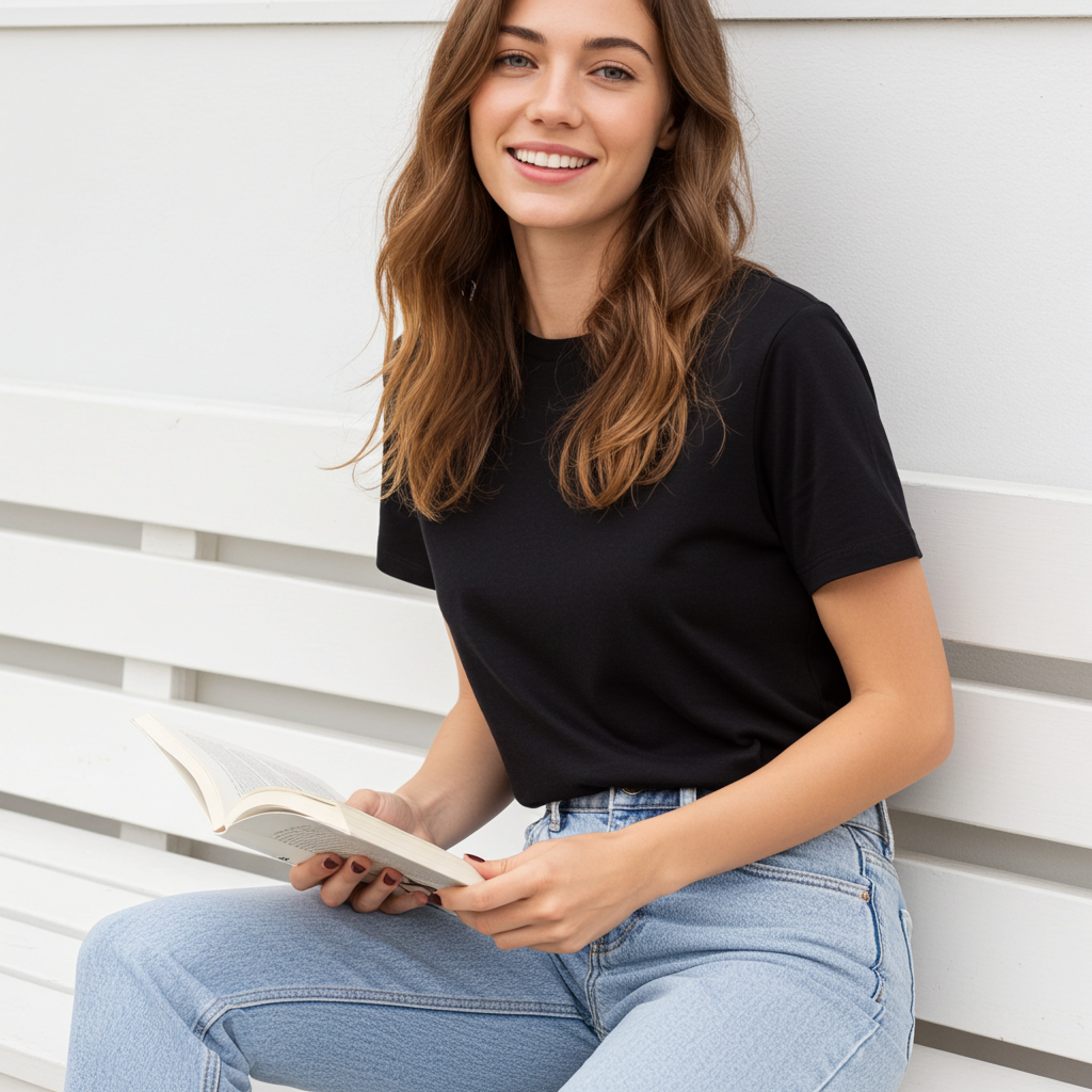 %100 Pamuk Bisiklet Yaka Kadın Basic Tişört - Siyah