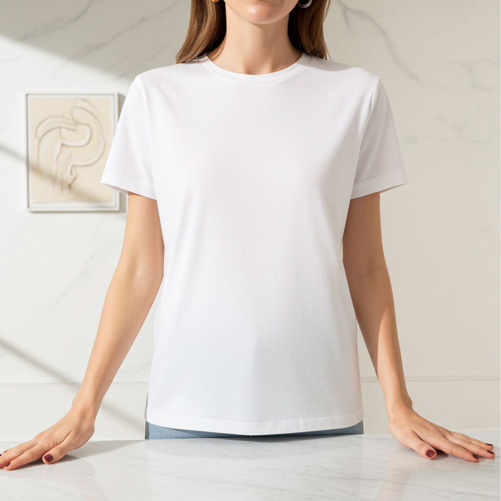 %100 Pamuk Bisiklet Yaka Kadın Basic Tişört - Beyaz